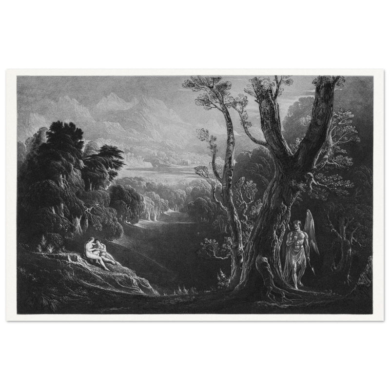 John Martin mezzotint engraving . Satan Contemplating Adam and Eve in Paradise. Paradise Lost by Milton.
