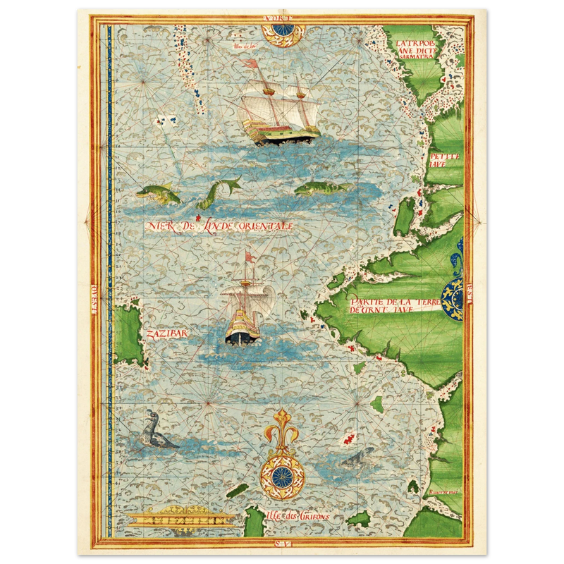 Ancient illustrated beautiful map poster reproduction by Guillaume Le Testu 1555