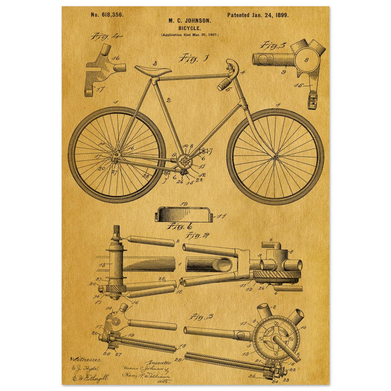 Vintage bicycle patent 1899 by M. C Johnson.