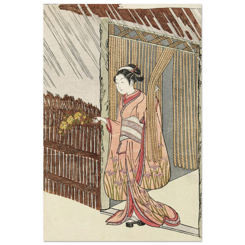 Girl with a yamabuki branch in hands by Suzuki Harunobu XVIII Century Woodblock print reproduction,