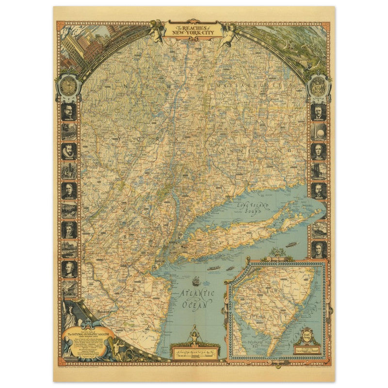 1939 New York City vintage map . High detail map of the Northeast of the United States.