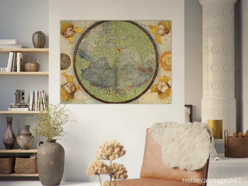 Vintage nautical world map poster reproduction by Lopo Homem 1519