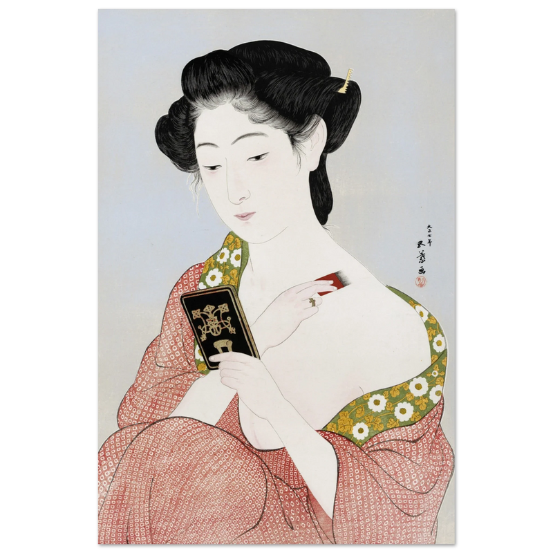 Hashiguchi Goyo woodblock print Make up Japanese woman applying make up and looking at her mirror