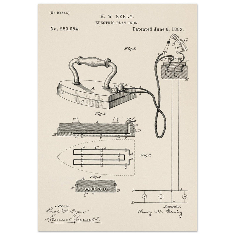 Electric Flat Iron patent by Henry W. Seeley Patent 259.054