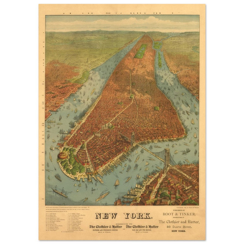 New York City vintage historic aerial view. Antique print  of Manhattan and the Hudson and East river.