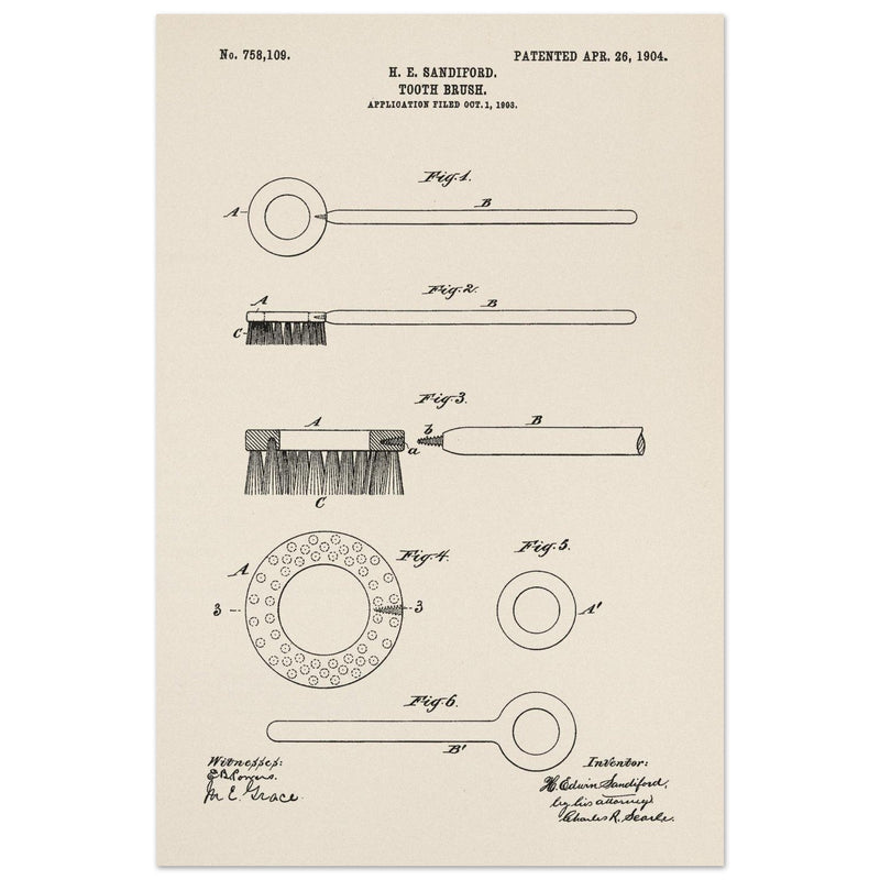 Toothbrush patent illustration by H E Sandiford.