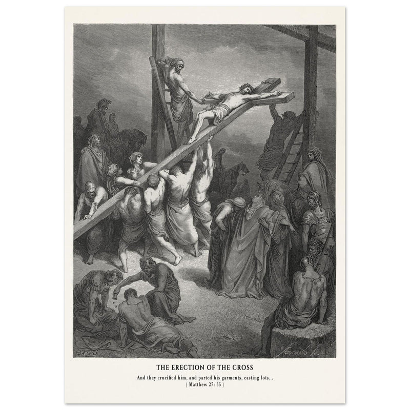Gustave Dore The Bible engraving print . The Crucifixion  illustration .The erection of the cross.