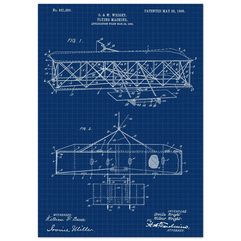 Flying machine patent 1906 by the Wright brothers. Vintage airplane.