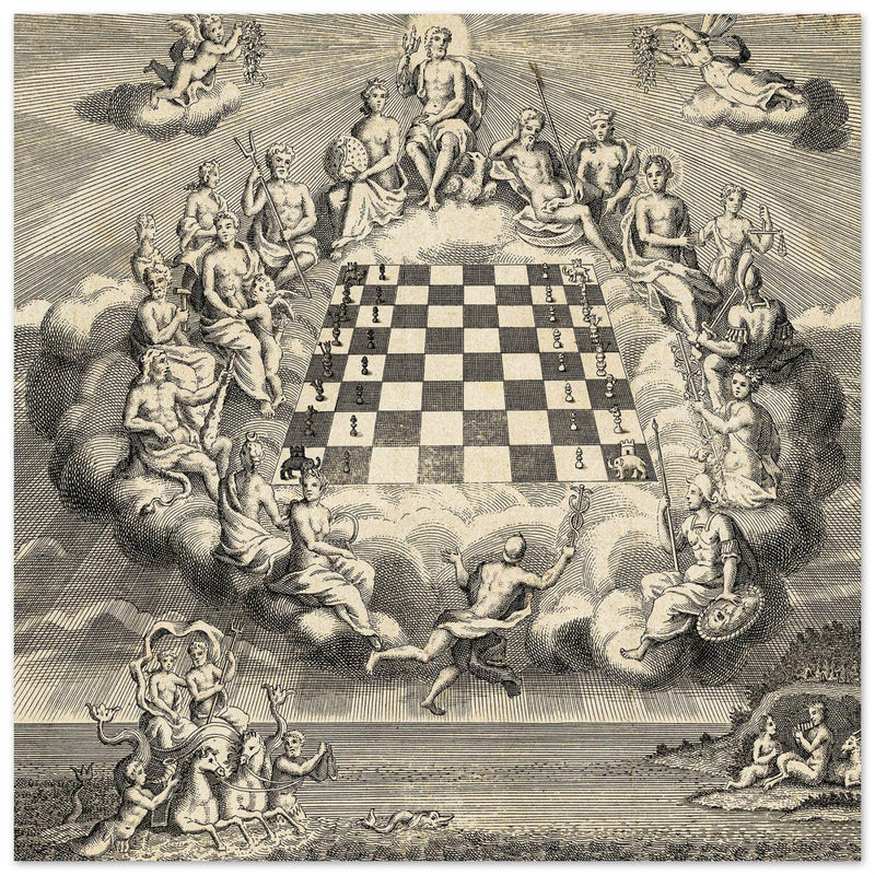 Gods of Olympus Surrounding a Chess Board by John Carwitham .