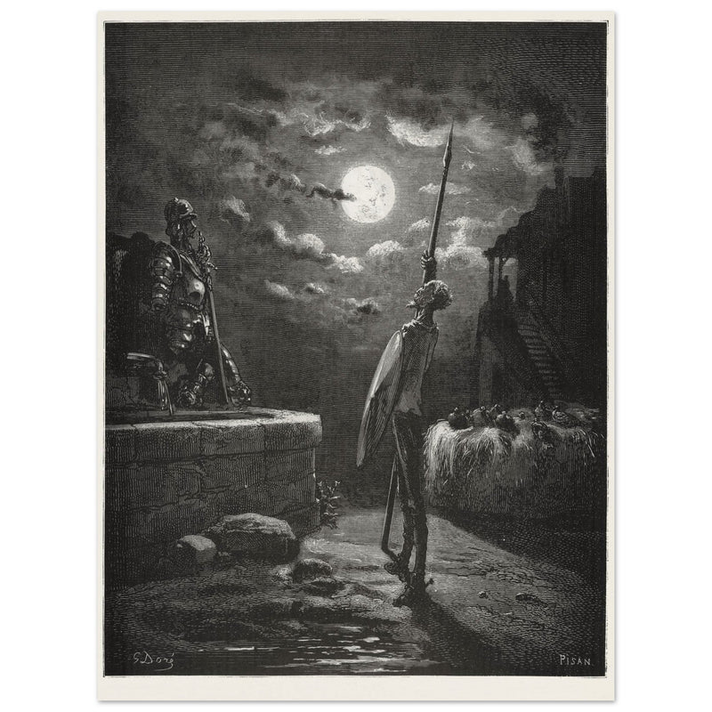 Don Quixote by Gustave Dore. The knight raising his sword against the moon at night.