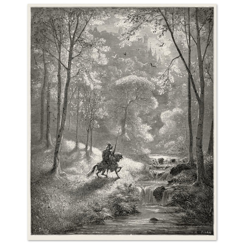 Gustave Dore depiction of knight Don Quixote riding in the countryside in one of his adventures.
