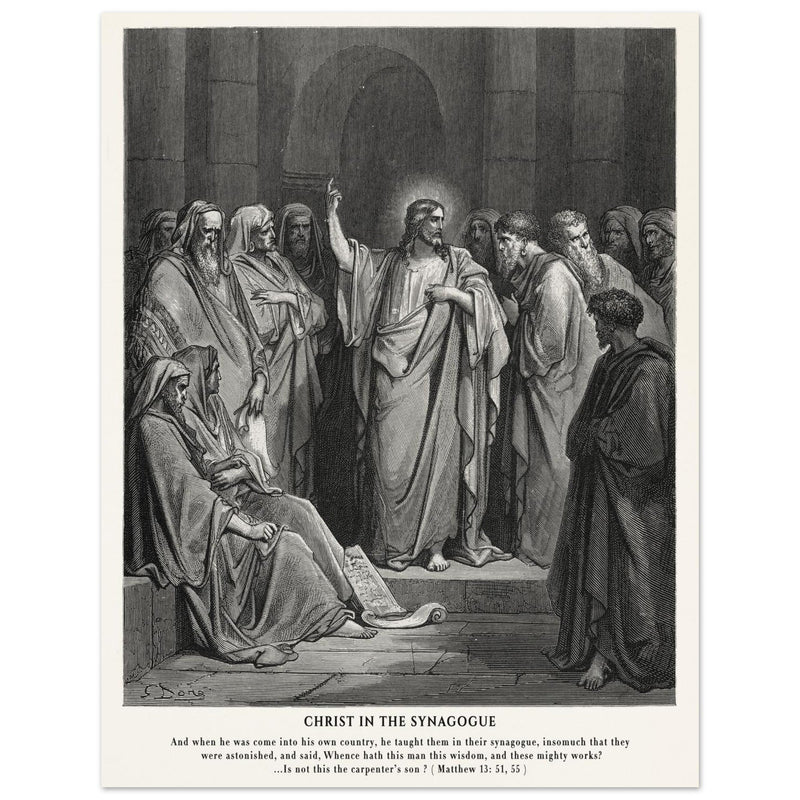 Gustave Dore The Bible engraving print . Christ in the synagogue illustration .