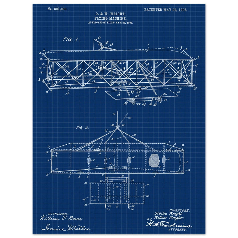 Flying machine patent 1906 by the Wright brothers. Vintage airplane.