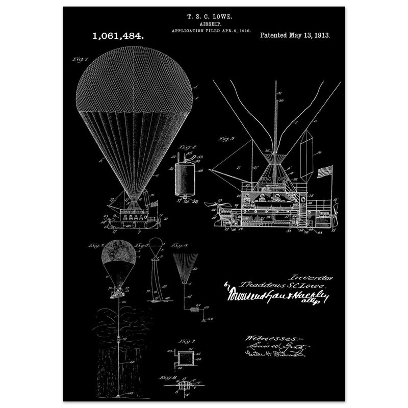 Airship patent illustration by T S C Lowe. Air Balloon