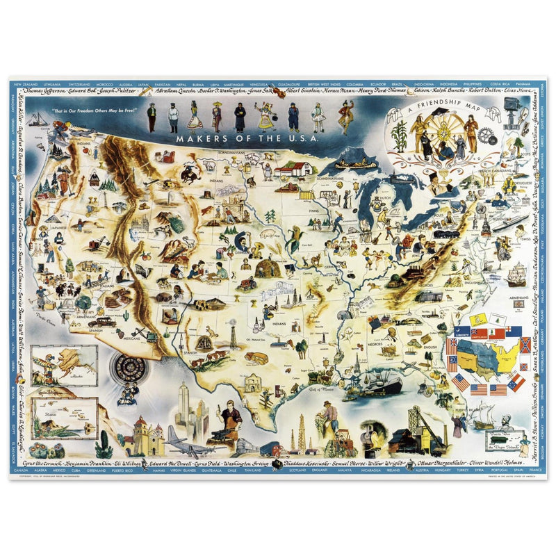 Makers of the U.S.A. A Friendship Map by Louise E. Jefferson. Pictorial map of the United States of America.