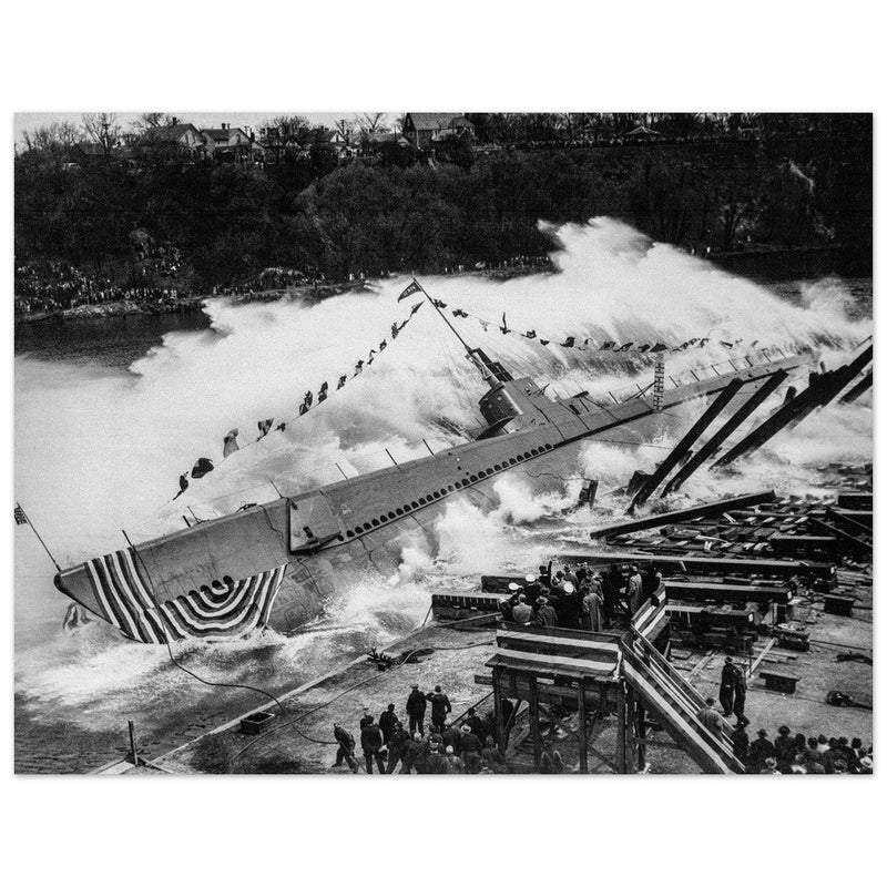 World War 2 black and white photograph. Launching of USS ROBALO warship.