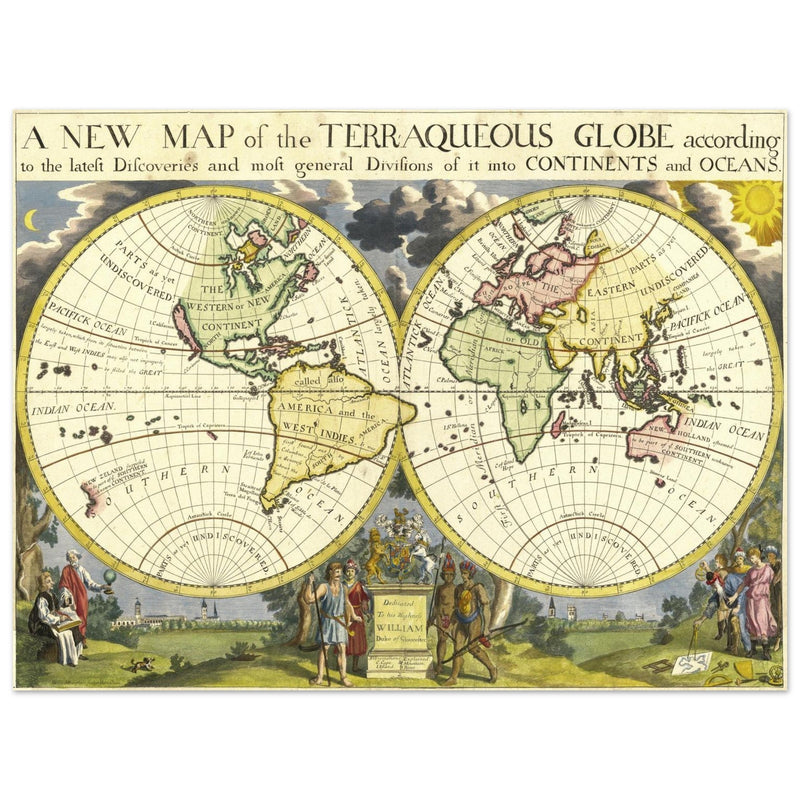 Ancient vintage world map by Edward Wells. Double hemisphere cartography.