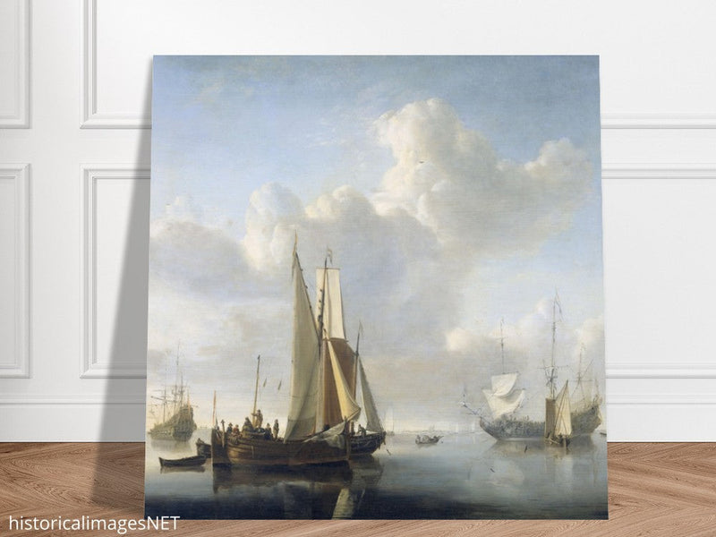 Willem van de Velde Ships before the coast. Marine landscape painting.