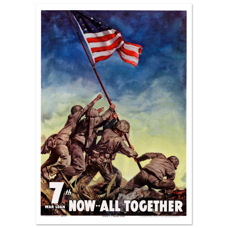 US soldiers rising american flag on mount Iwo Jima. World War 2 vintage poster