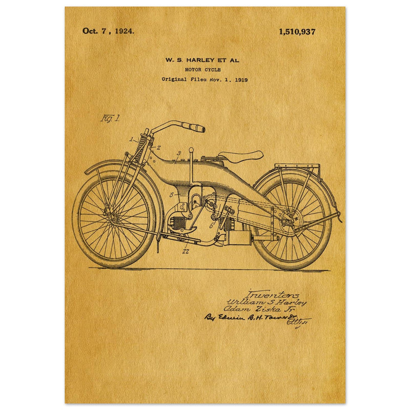 Vintage motorcycle patent by William S Harley founder of harley davidson.