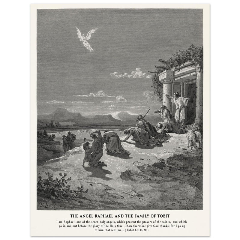 Gustave Dore The Bible engraving print . The angel Raphael and the family of Tobit.