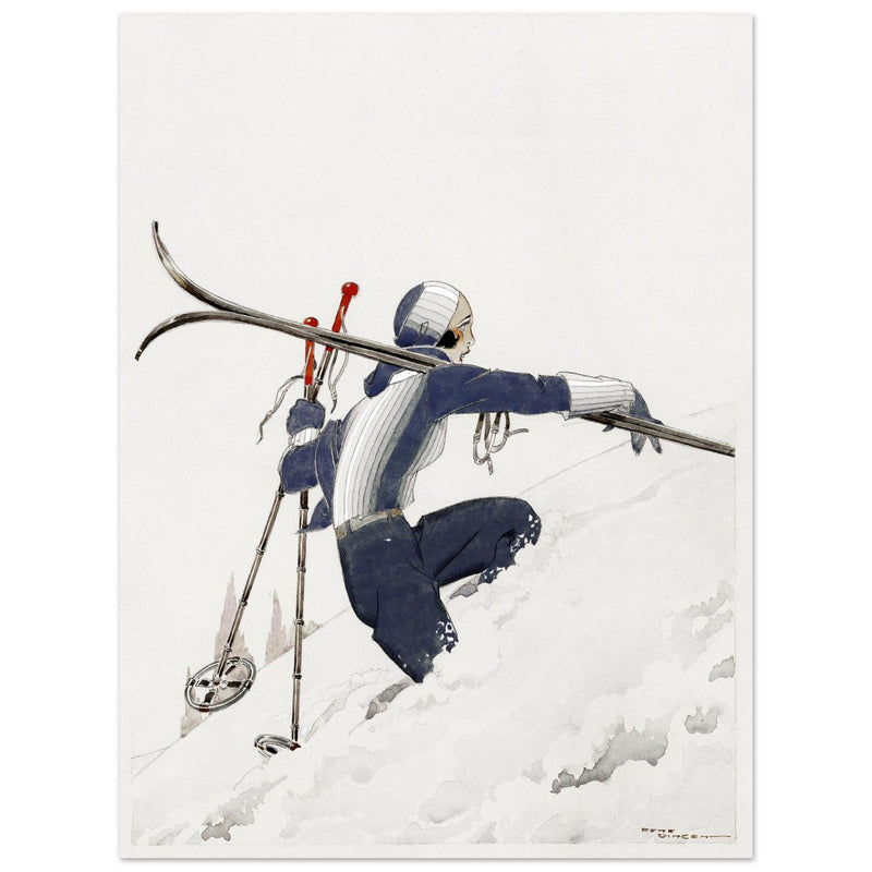 Skieuse a pied dans la neige by René Vincent. Female skier illustration.