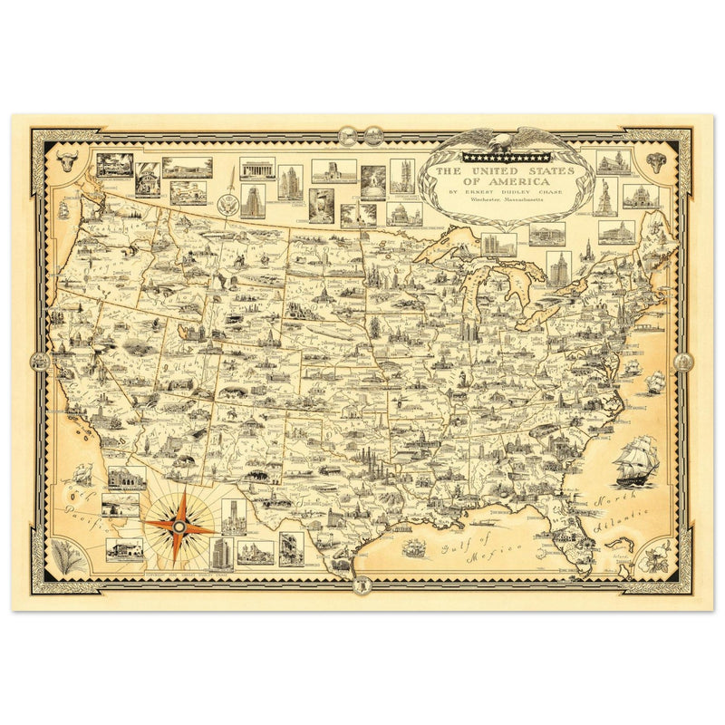 United States of America vintage map by Ernest Dudley Chase celebrating landmarks and national symbols of identity.