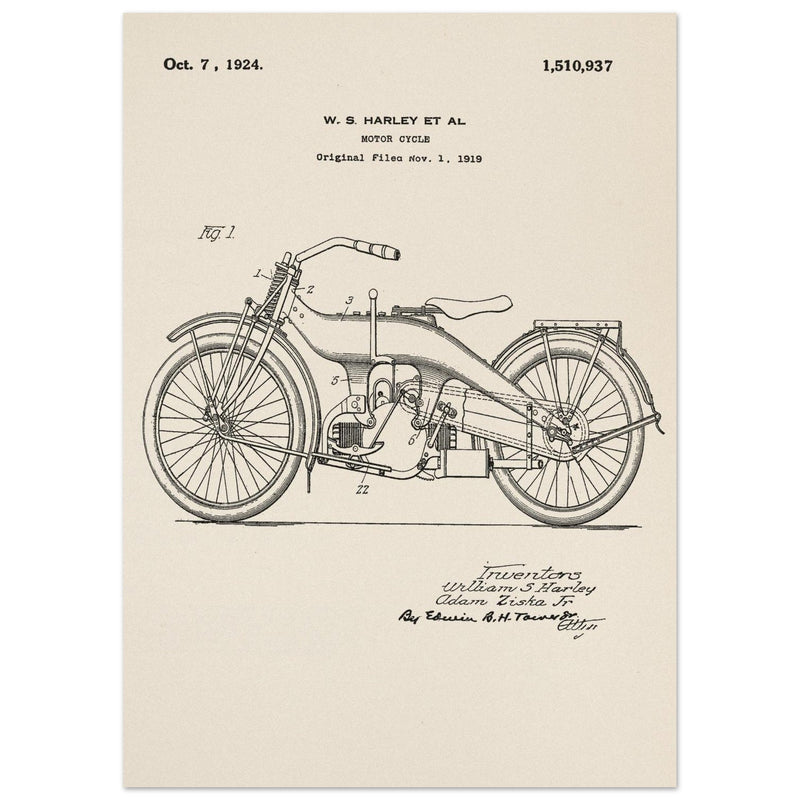 Vintage motorcycle patent by William S Harley founder of harley davidson.