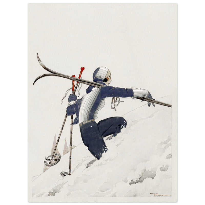 Skieuse a pied dans la neige by René Vincent. Female skier illustration.