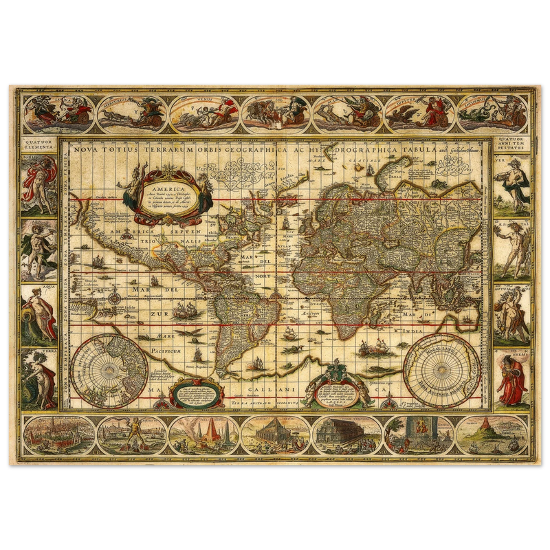 Ancient world map print by Willem Janszoon. Poster of antique vintage old map of 1647.