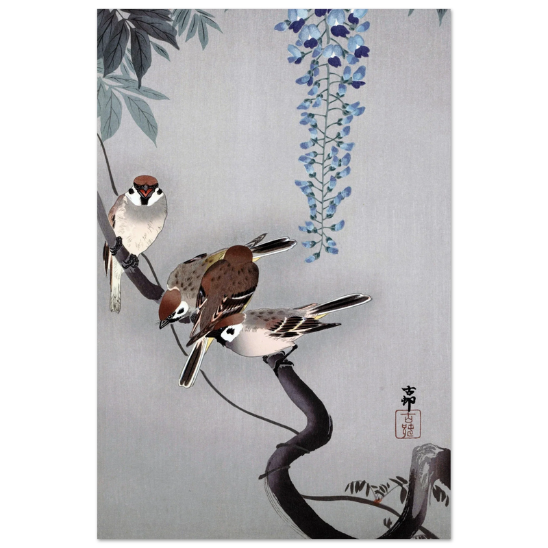 Ring sparrows at wisteria by Ohara Koson