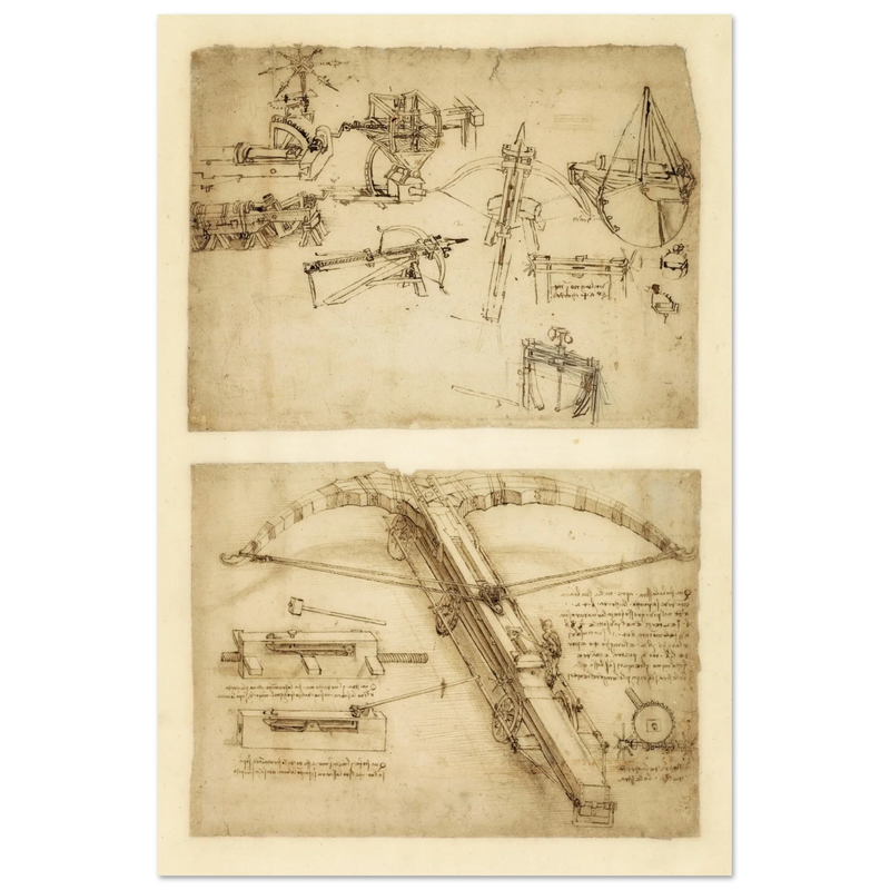 Leonardo da Vinci Atlantic Codex (Codex Atlanticus) Giant crossbow drawing reproduction.