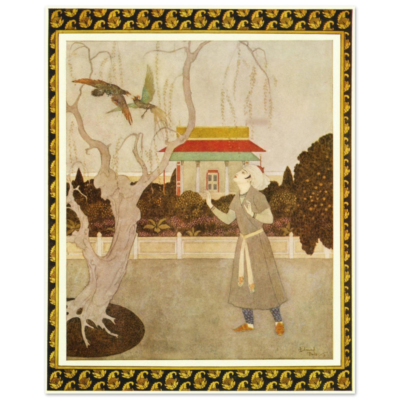 Edmund Dulac and one of his illustration for Princess Badoura fairy tale. Prince Camaralzaman and the Birds.