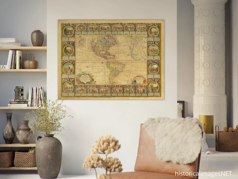 Ancient illustrated map of America. Poster of old cartography of the XVIII Century. Fine art .