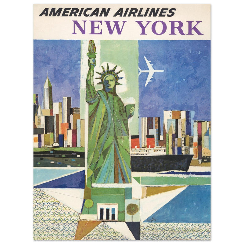 New York City vintage travel advertising poster for American Airlines. Statue of Liberty
