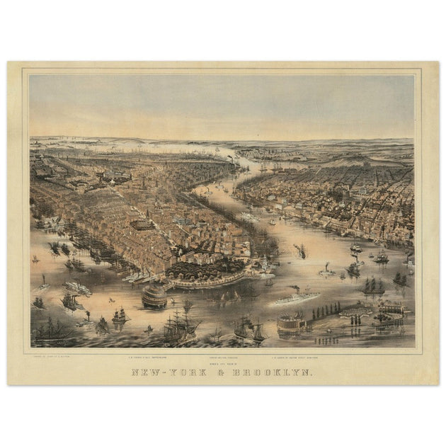 New York City aerial view. 1852 Vintage antique map reproduction.