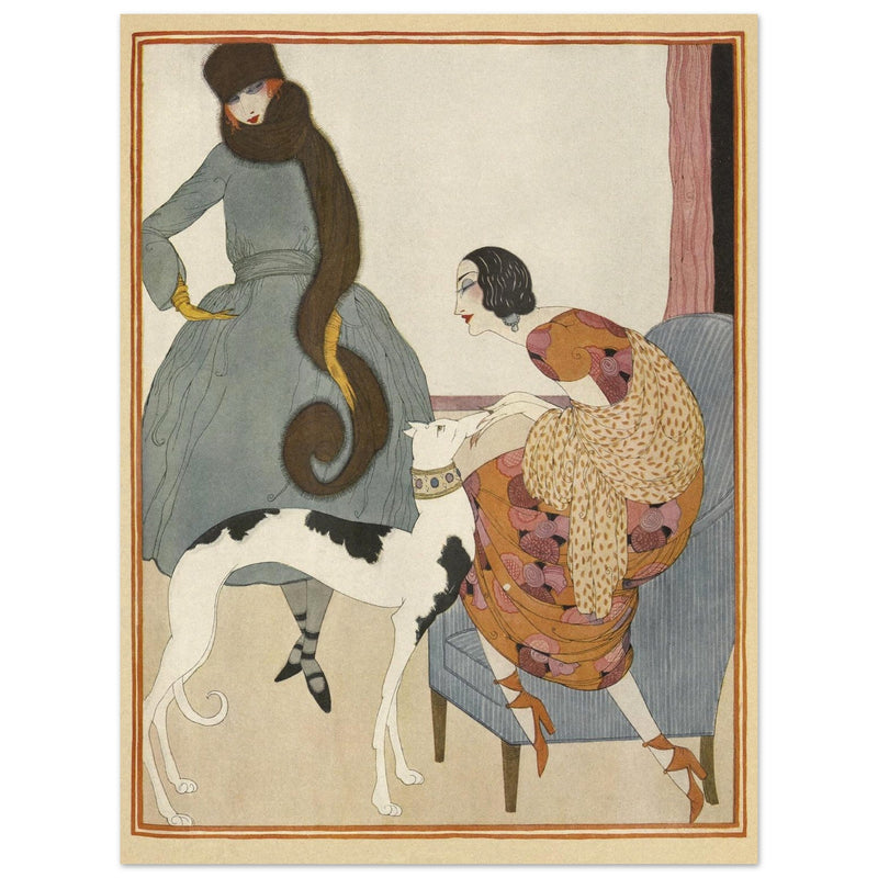 Helen Dryden fashion magazine vintage illustration. Elegant women with dog.