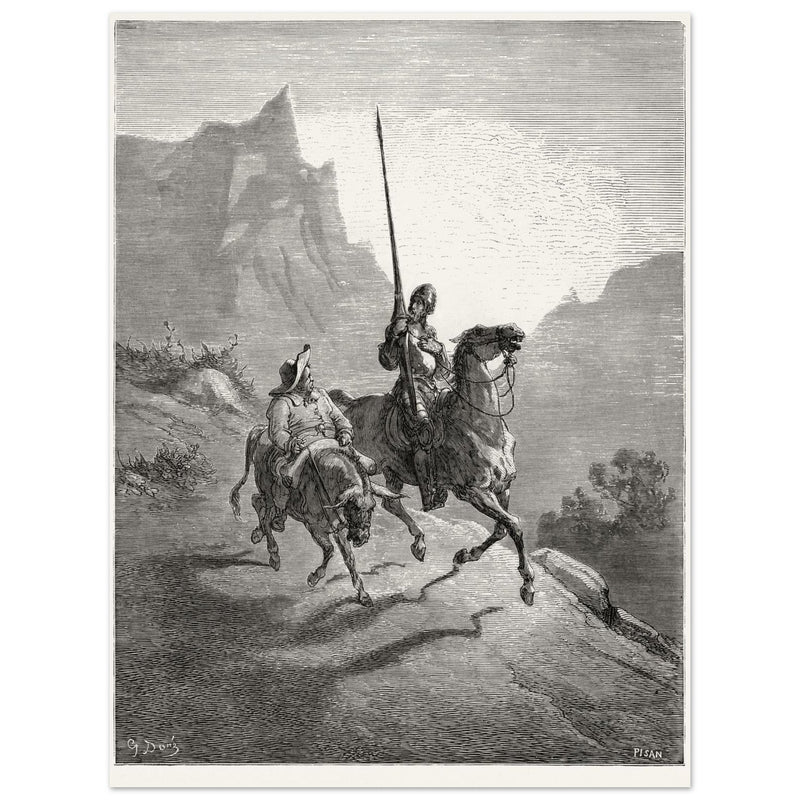 Don Quixote riding with Sancho Panza illustration by Gustave Dore.
