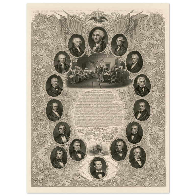 The Declaration of Independence and portraits of the United States  presidents. Walla rt decor