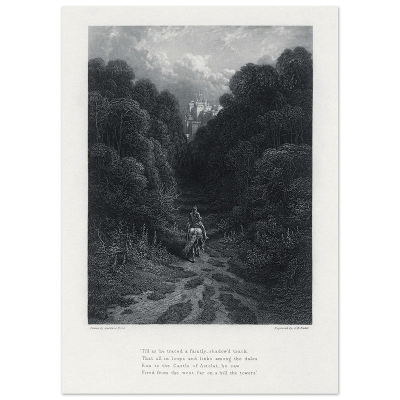 Gustave Dore illustration of King Arthur legend .Lancelot approaching the Castle of Astolat, Idylls of the King by Alfred Tennyson.