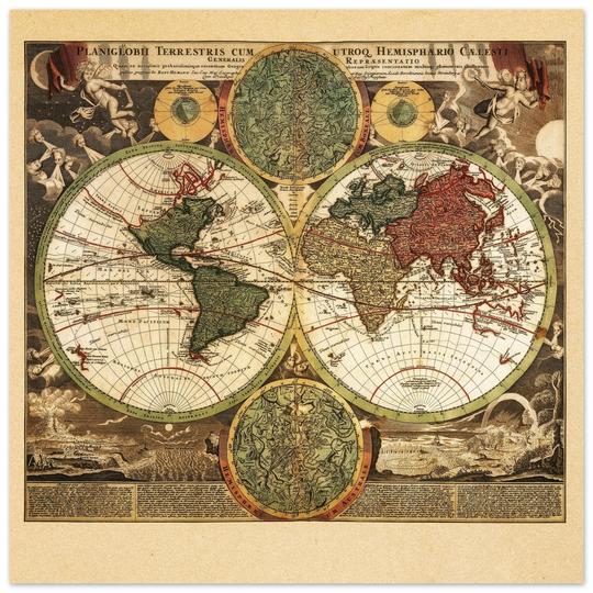 Ancient world map print. Vintage poster reproduction of world globe. Double hemisphere print