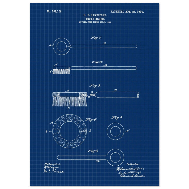 Toothbrush patent illustration by H E Sandiford.