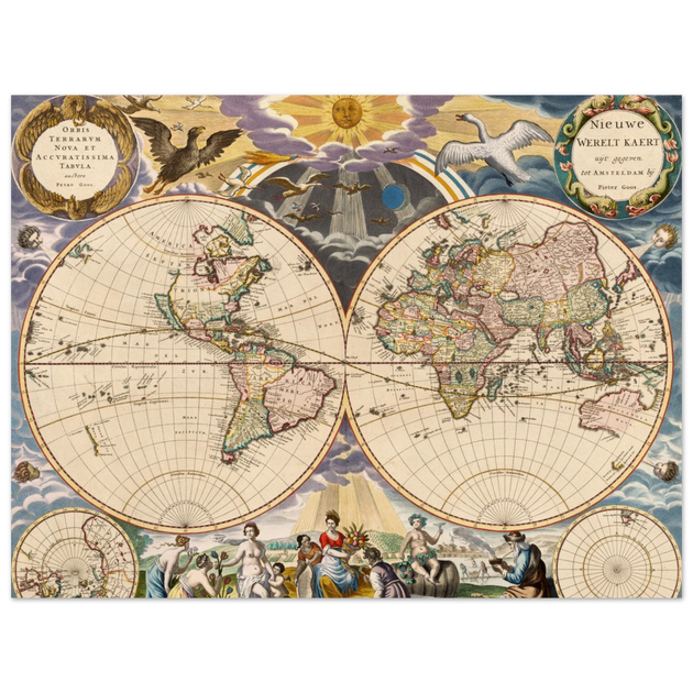 Beautiful antique world map reproduction of the XVII century Vintage illustrated map