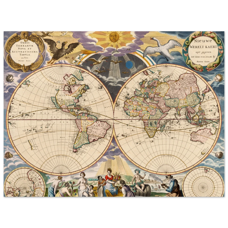 Beautiful antique world map reproduction of the XVII century Vintage illustrated map