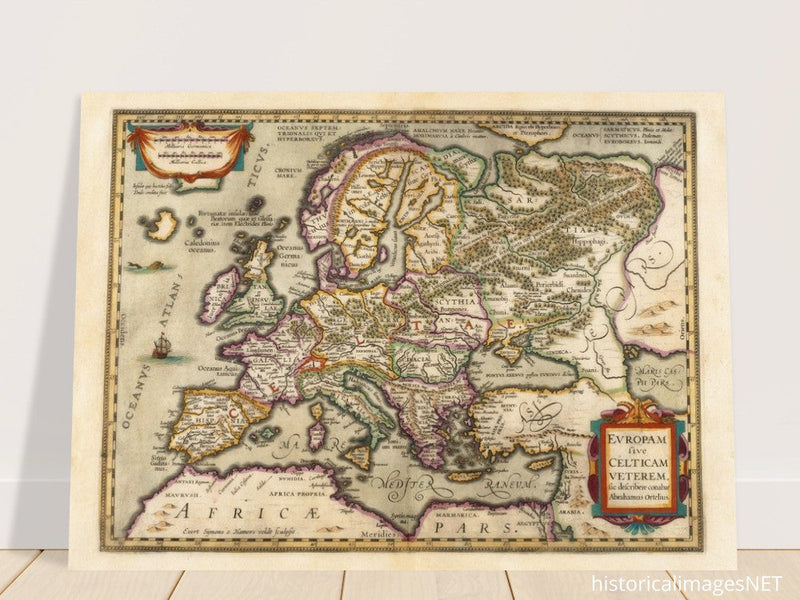 Ancient map of Europe and the Celts. Europam sive Celticam veterem by Abraham Ortelius.