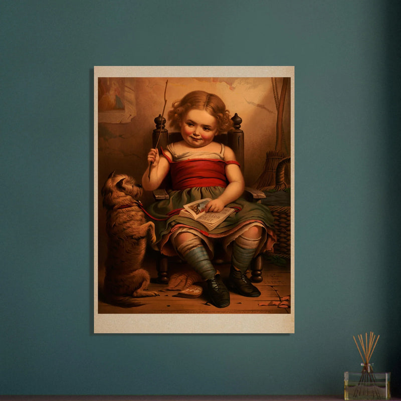 Little girl teaching dog poster reproduction by James Fuller Queen XIX Century