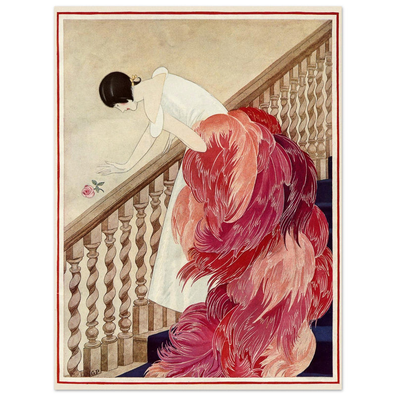 George Wolfe Plank vintage fashion magazine illustration. Woman on staircase throwing down rose flower.