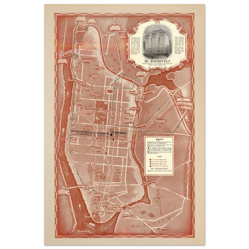 1938 New York City map. Created as an advertisement for the Roosevelt Hotel it includes major streets of Manhattan