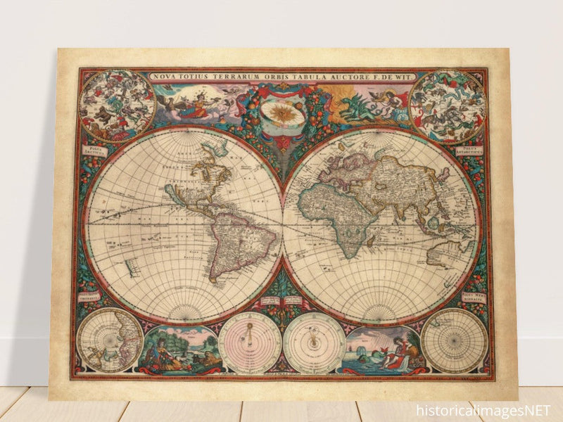 1660 Ancient old world map. Double hemisphere antique map reproduction.