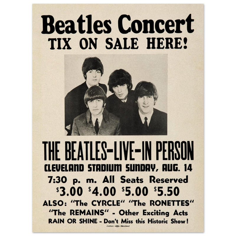The Beatles music poster. Performance in Cleveland Ohio stadium in 1966.